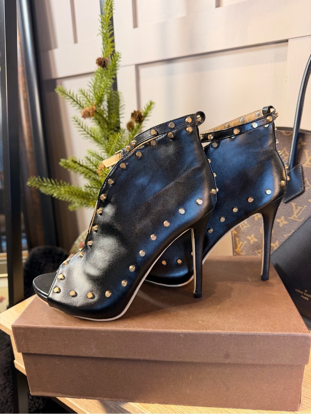 Brand new Black Studded Peep-Toe Stiletto Booties Size 39